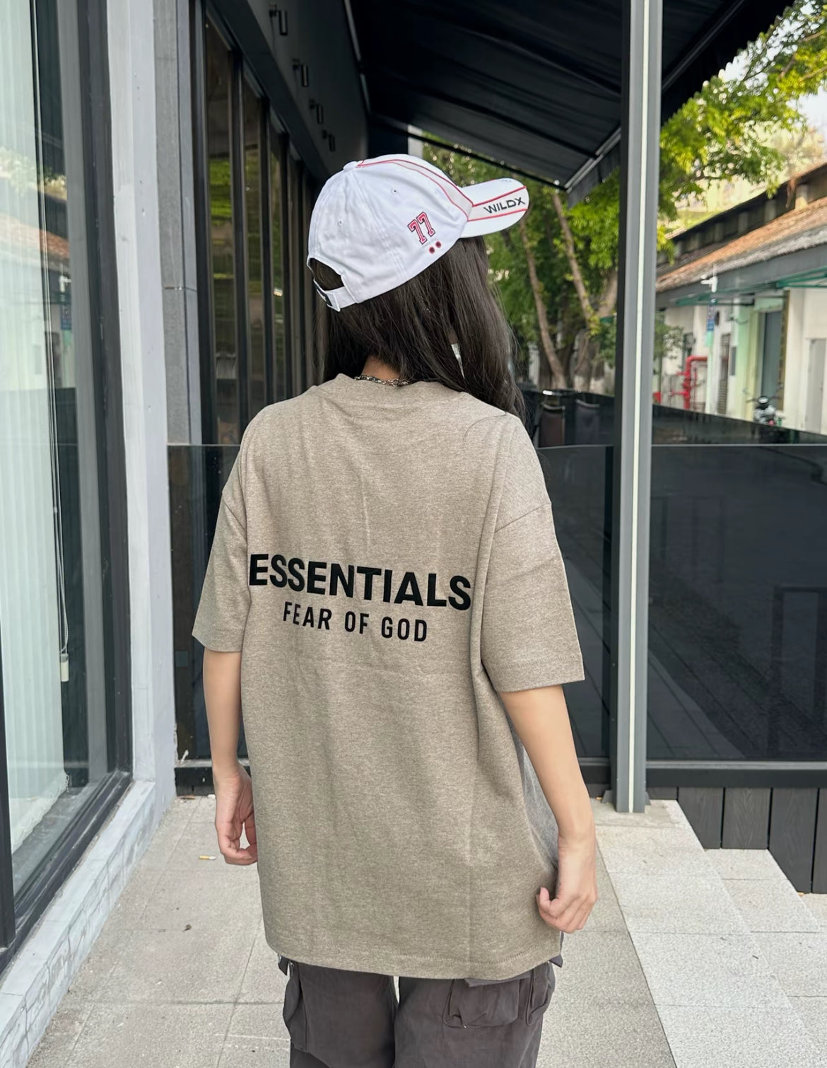 Essentials Fear of God Always On SS25 heather tee back and side view outfit