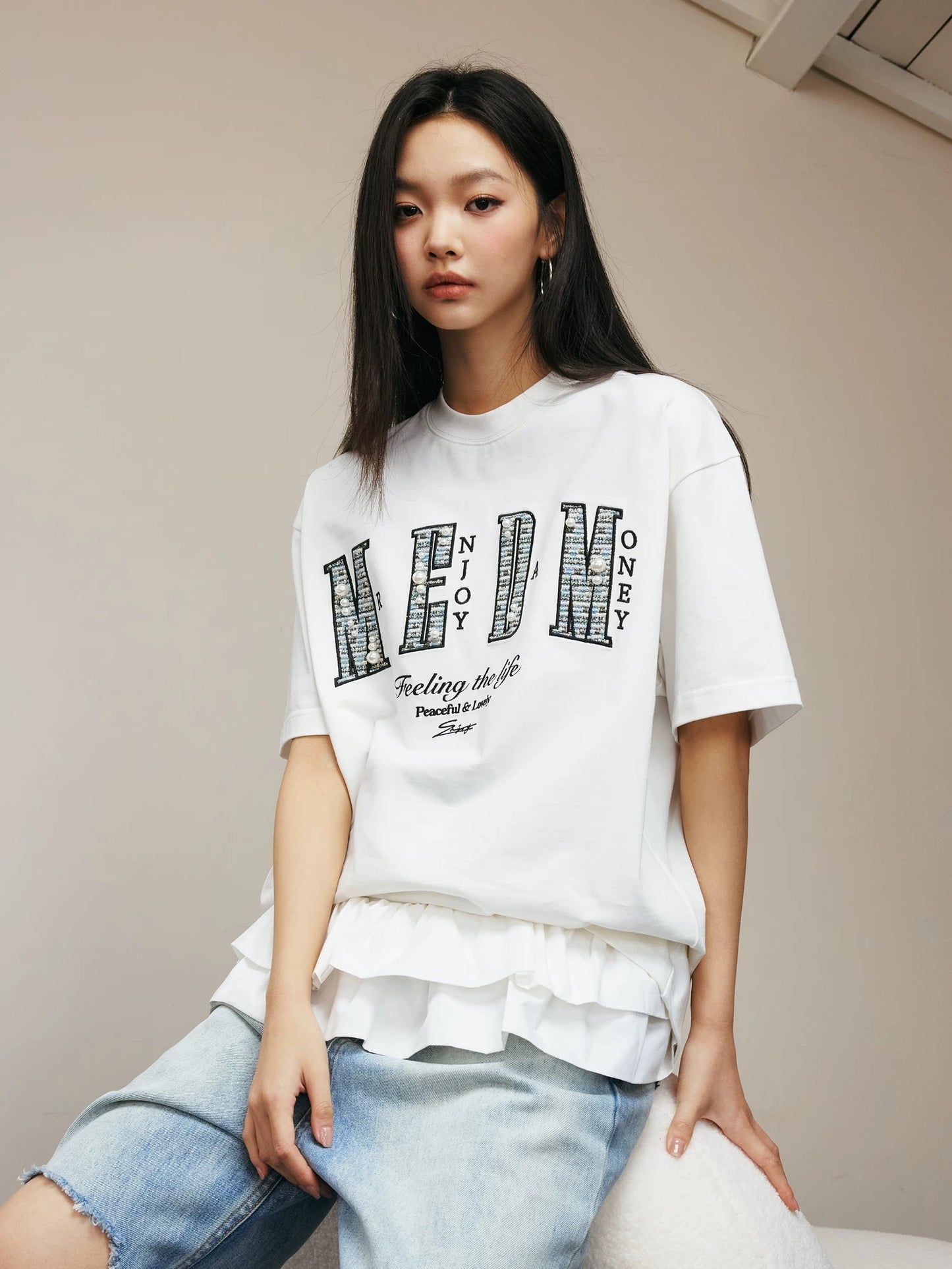 [READY STOCK] Medm SS25 Pearl Oversized Embroidery Logo T-Shirt | Medm Streetwear Tee | Unisex Couple Fashion Top  | 潮牌短袖 (Copy)